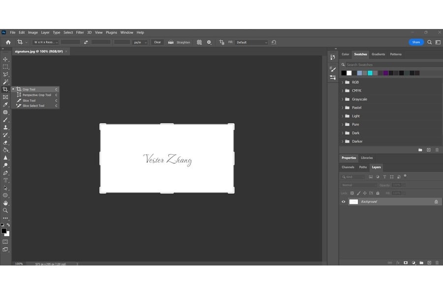 A white rectangle with a digitally written name, Vester Zhang on Photoshop