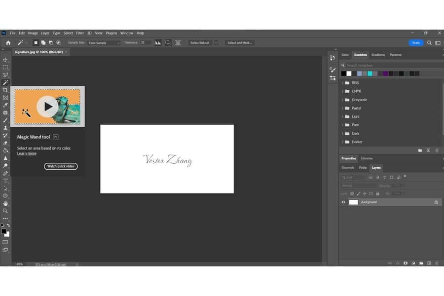 A white rectangle with a digitally written name, Vester Zhang on Photoshop with the magic wand tool open on the left corner