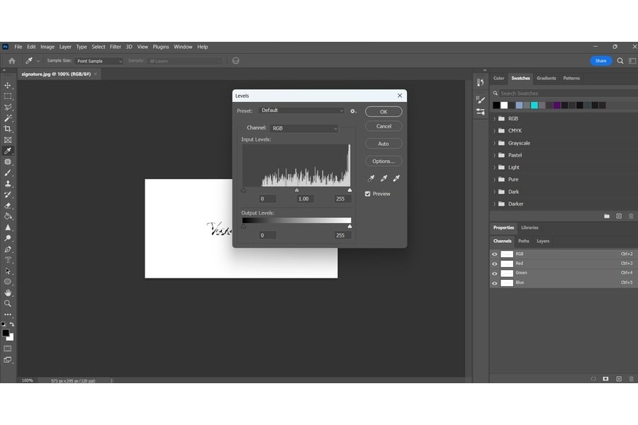 A pop up window of the contrast with input levels