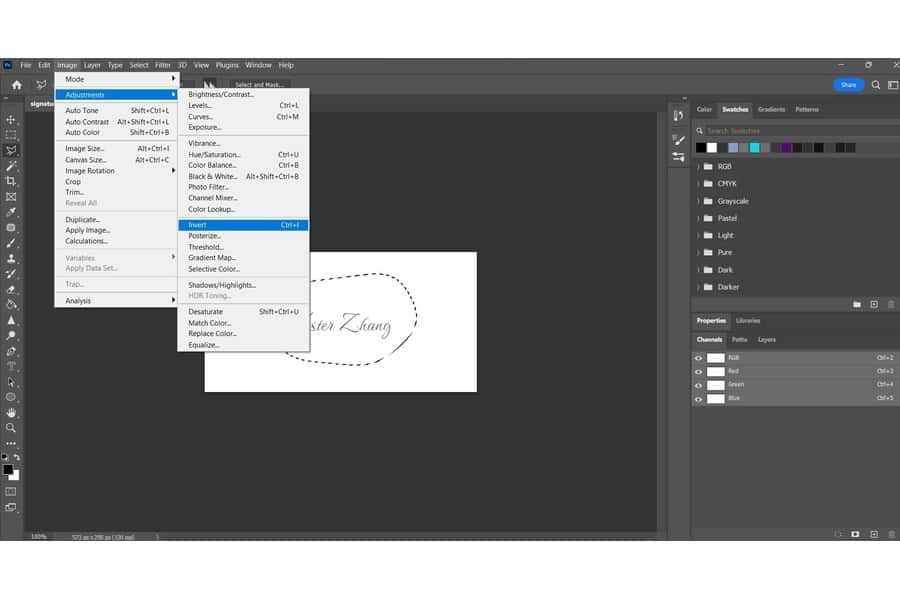 A Photoshop window with the Vester Zhang on the background while the Image tab is open highlighting the Adjustments and Insert options