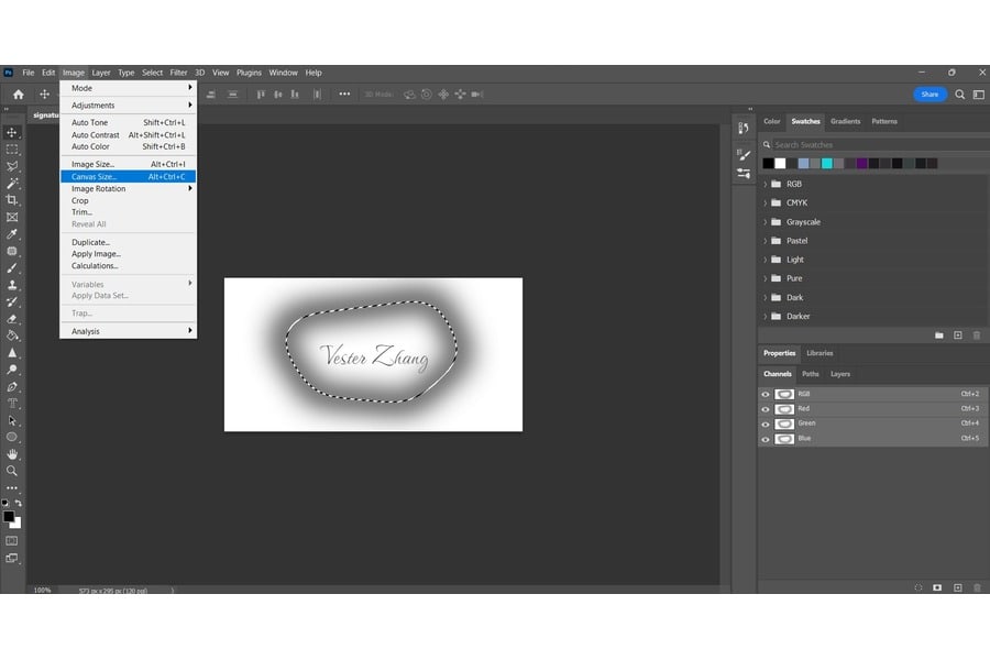 A Photoshop window with the Vester Zhang on the background with the Image tab open highlighting the Canvas Size option