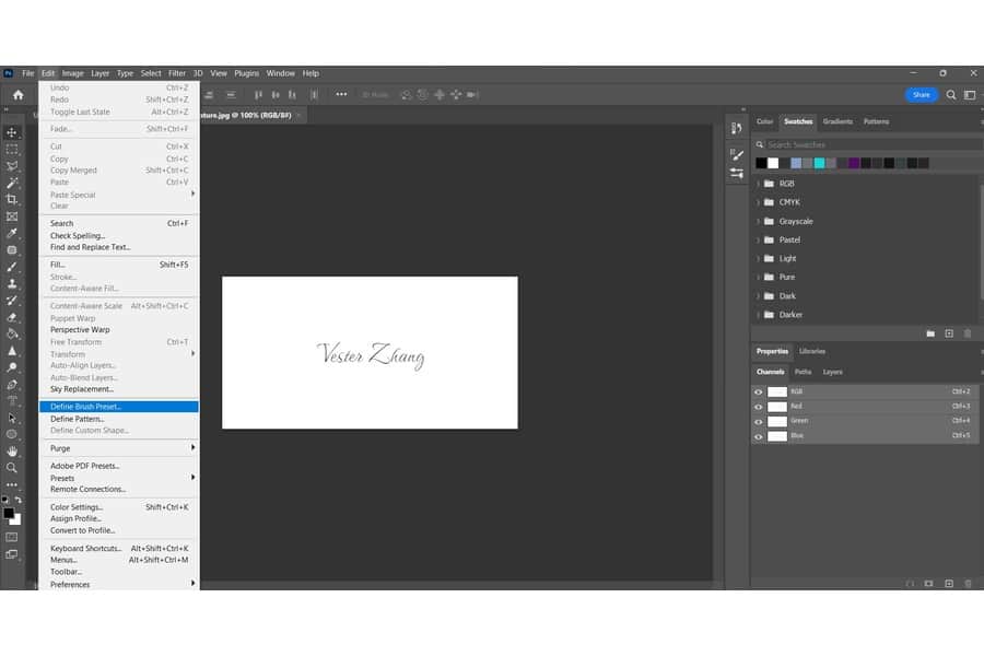 A Photoshop window with the Vester Zhang on the background with the Edit tab open highlighting the Define Brush Preset option