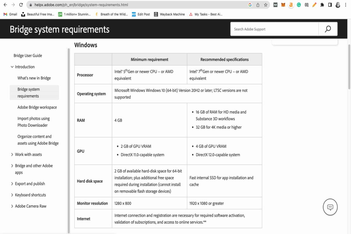 The Windows systems requirements for Adobe Bridge