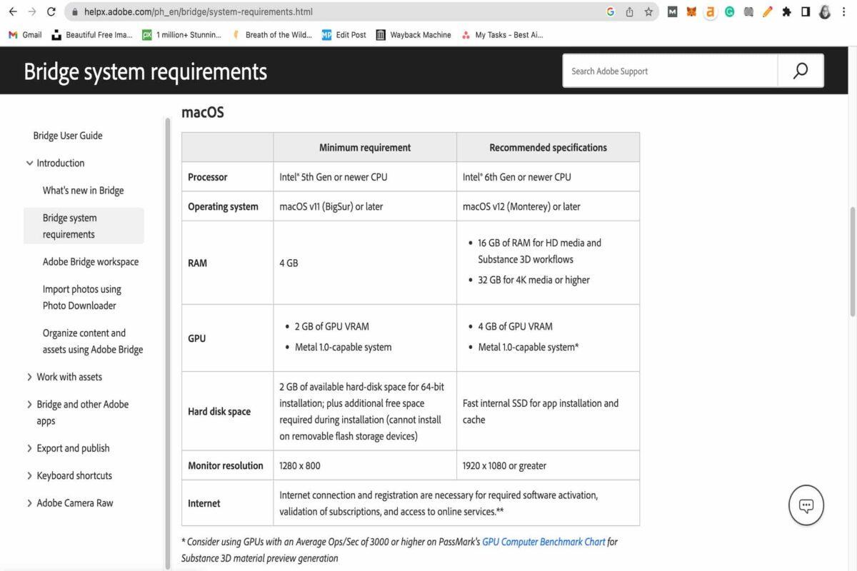 The macOS systems requirements for Adobe Bridge