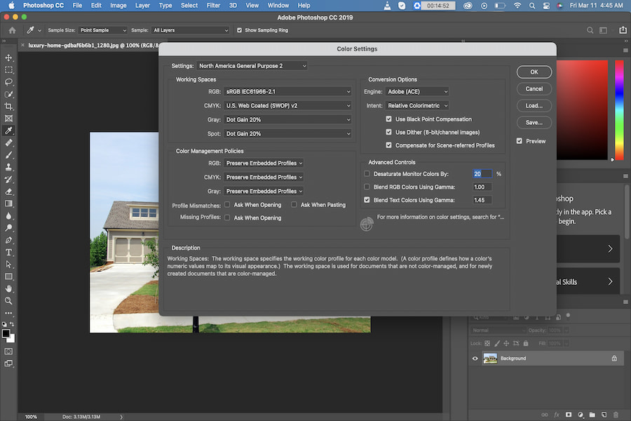 The Color Settings dialogue box