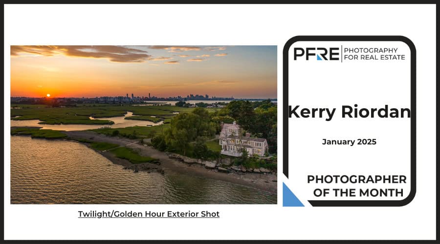 Image banner for the January 2025 PFRE Photographer of the Month Winner Kerry Riordan, with a featured image of his winning photo titled "Twilight/Golden Hour Exterior Shot"