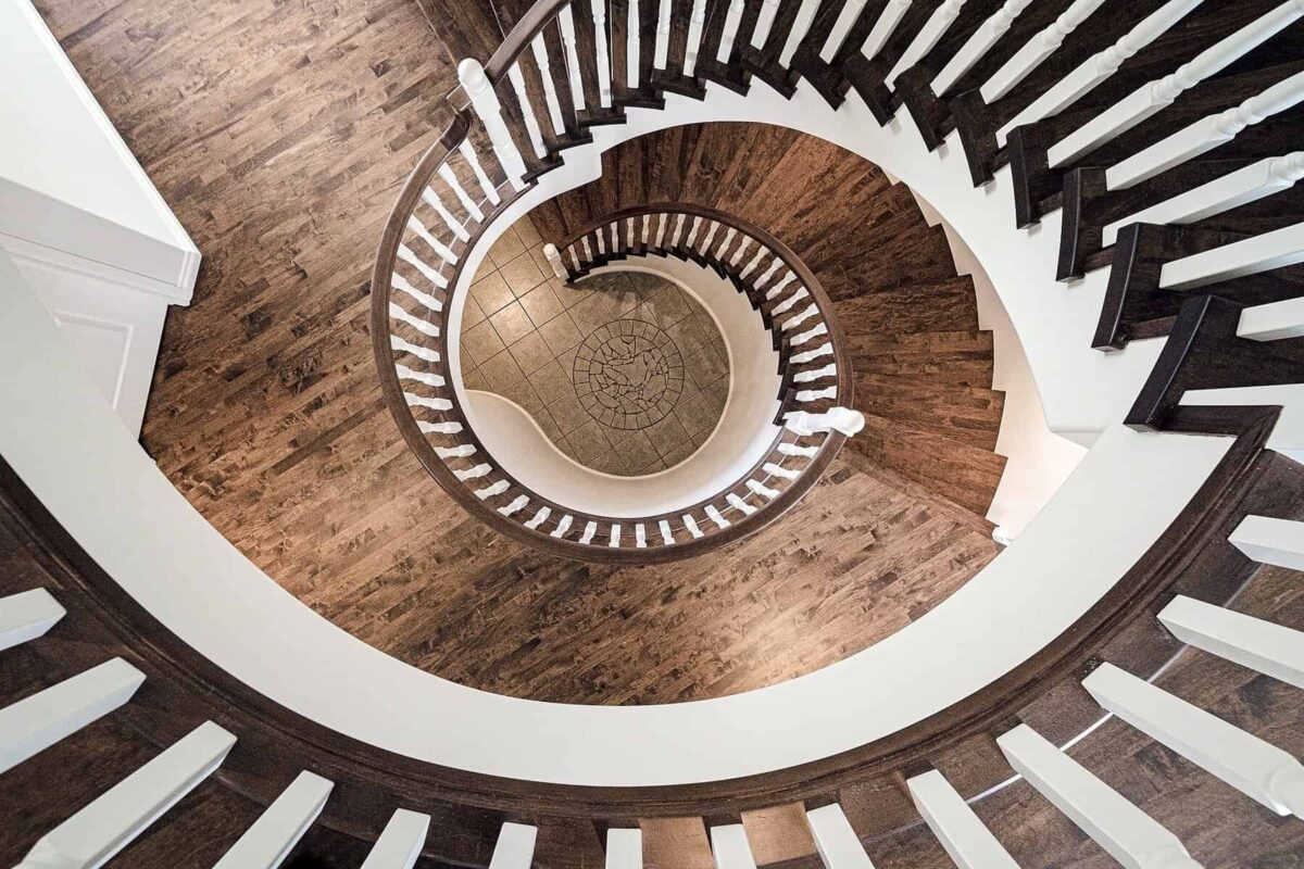 Elegant brown and white spiral staircase