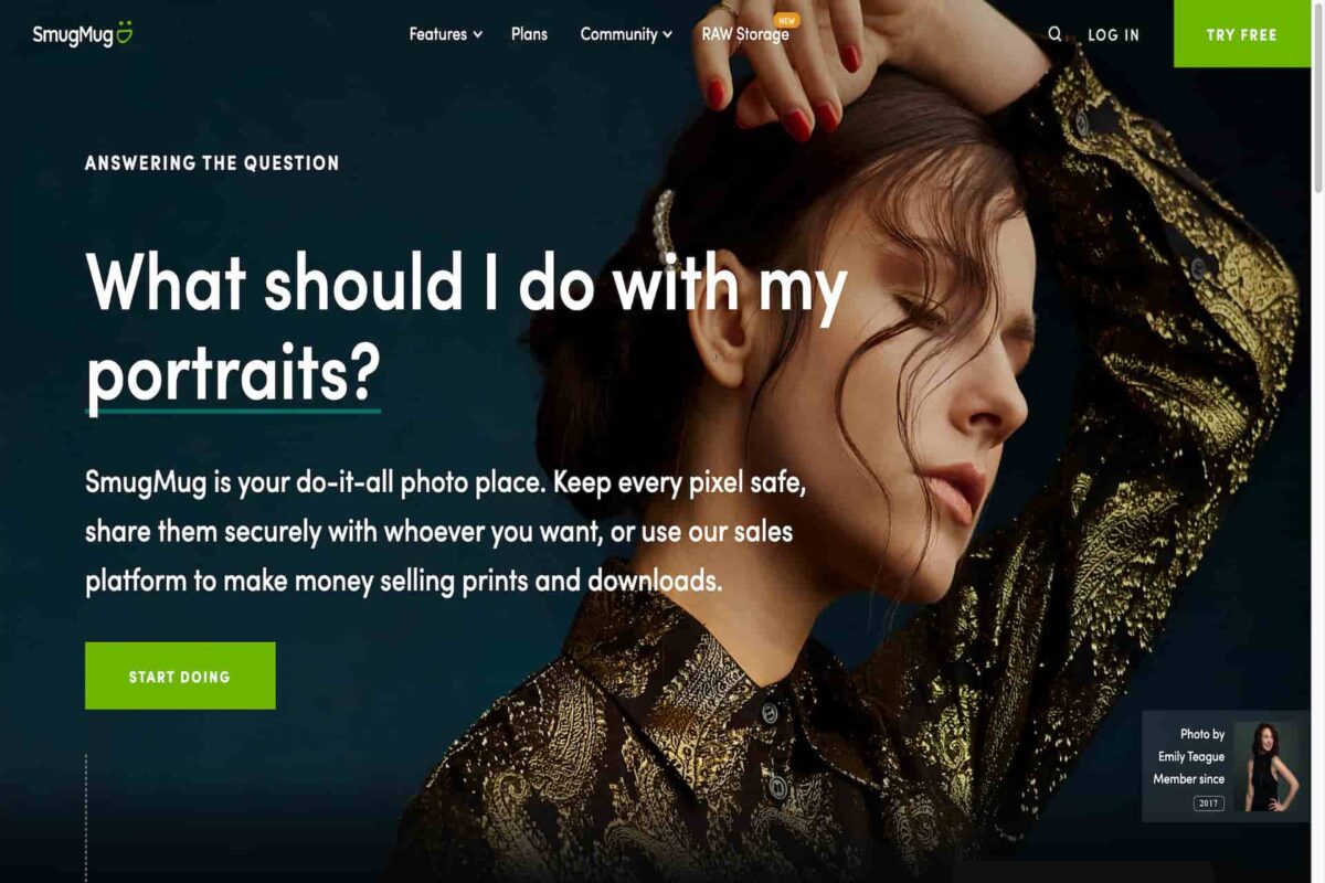 The SmugMug site showcases a woman with brown hair wearing a white pearl clip and printer long sleeves shirt