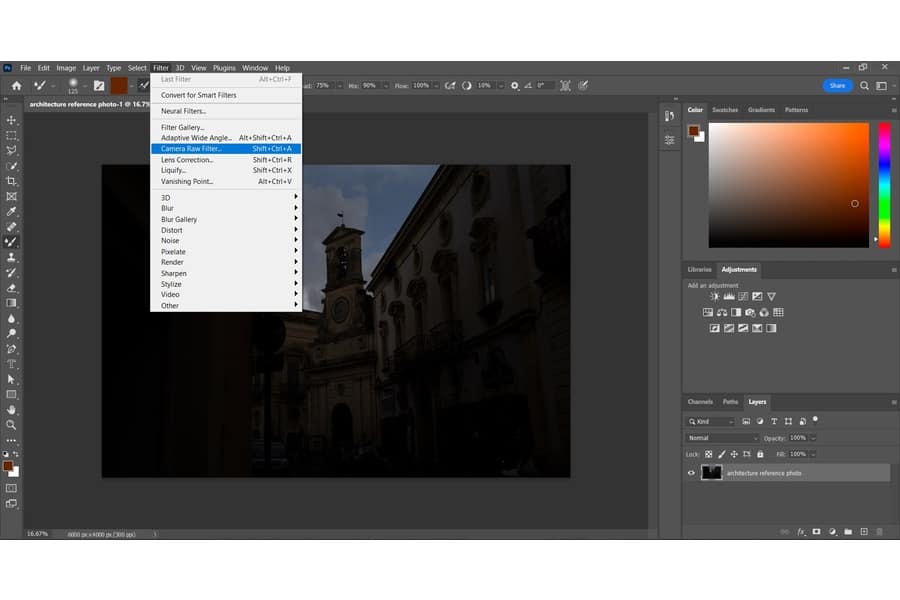 Opening a photo on Adobe Camera Raw with an old architectural building in the background
