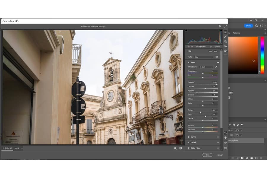Adjusting the Exposure of the image on an old architectural building with yellow paint by using the Adobe Camera Raw