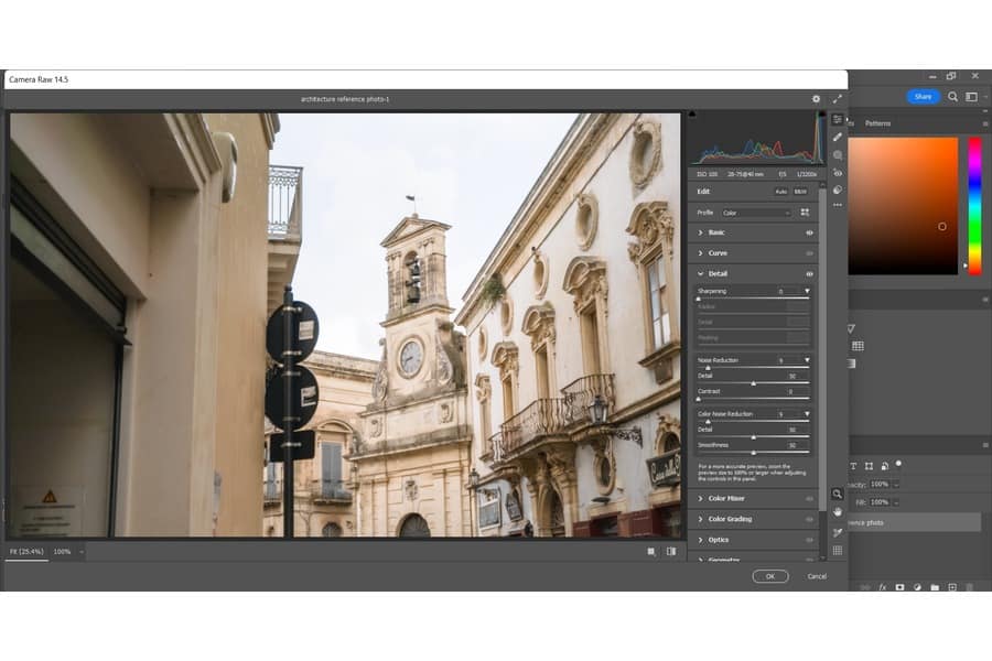 Reduce the Noise of a yellow-painted building using the Adobe Camera Raw