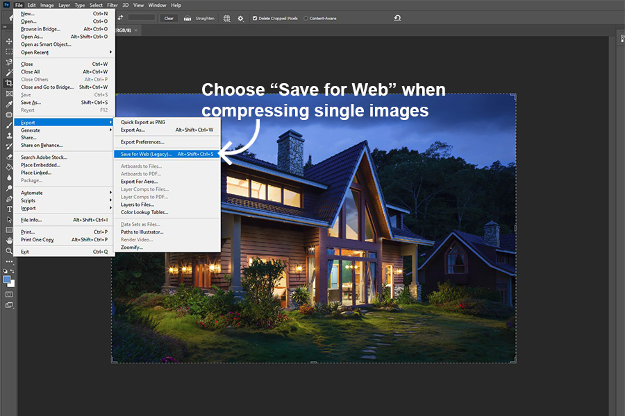 adobe photoshop step on how to compress images and reduce single image