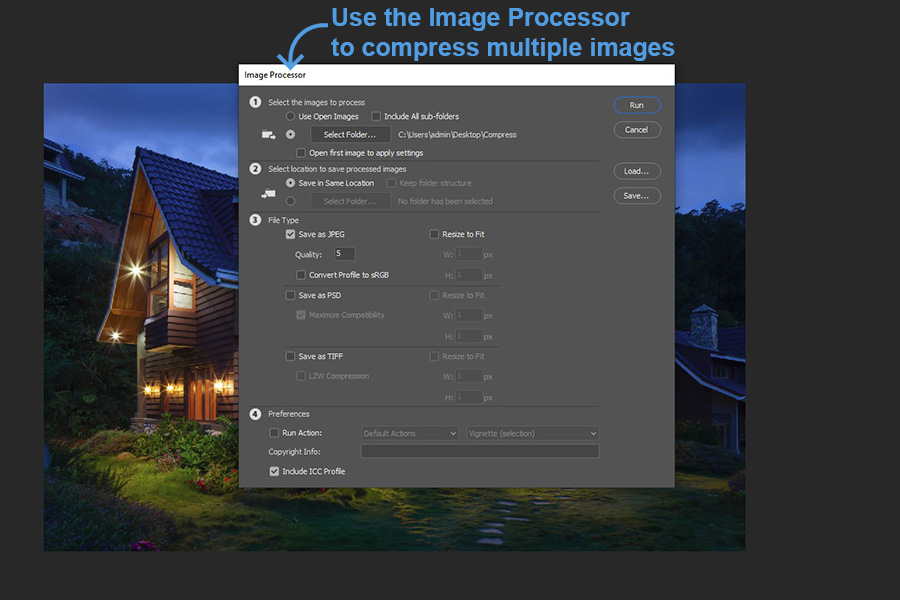 Photoshop step on image compression and  how to compress multiple images