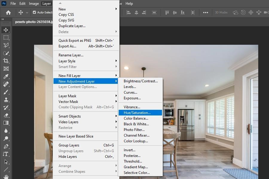 Selecting Hue/Saturation from the New Adjustment Layer cascading menu