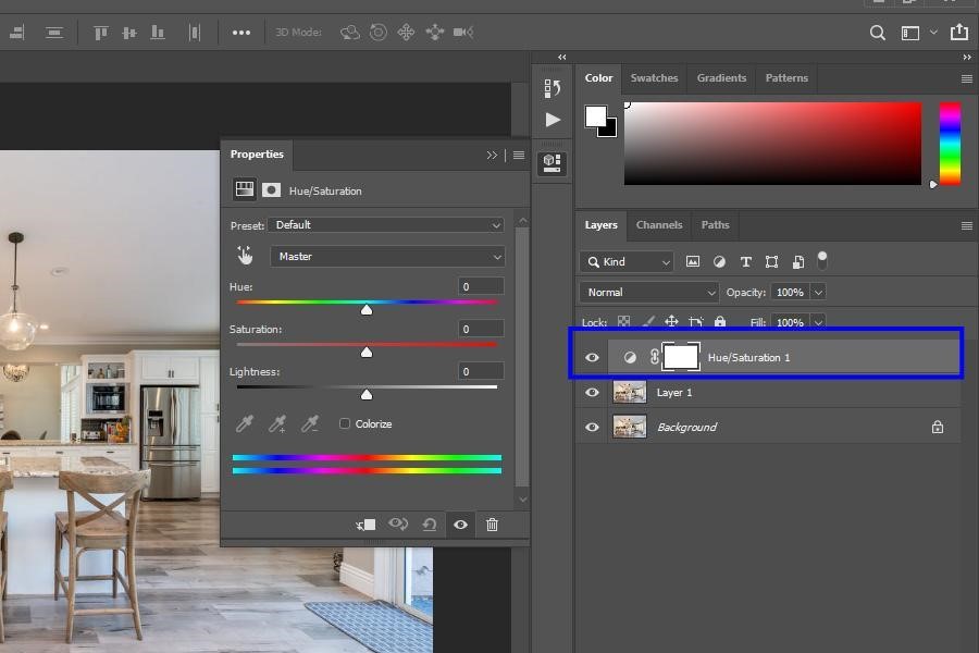 Creating an adjustment layer after clicking on the hue/saturation option