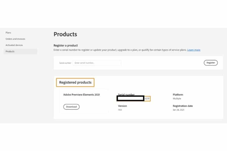 A page showing registered products and serial number