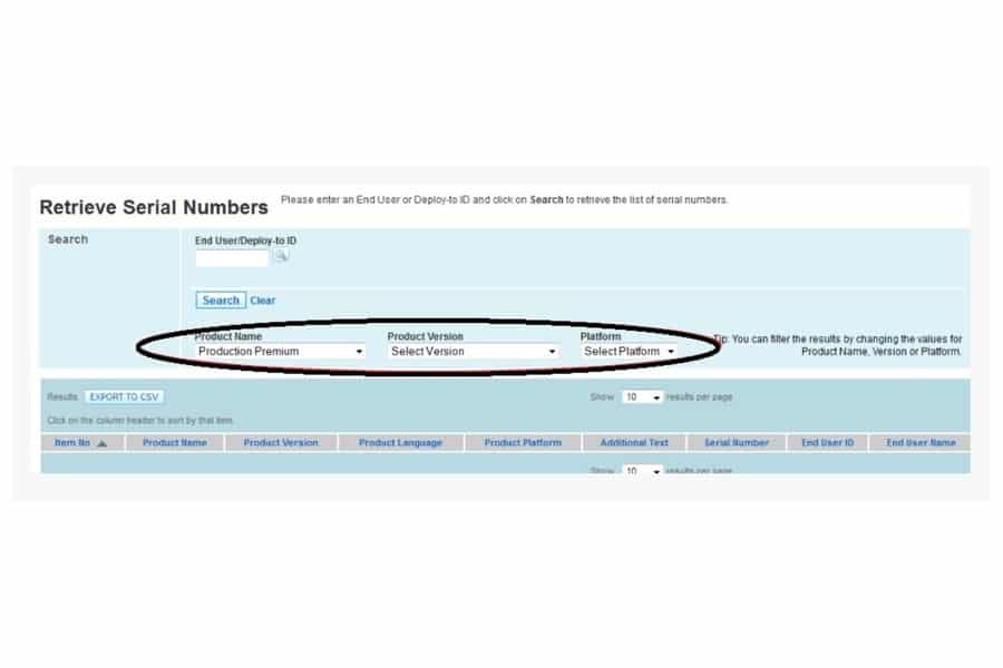 A page retrieving serial numbers with a black circle on the product information