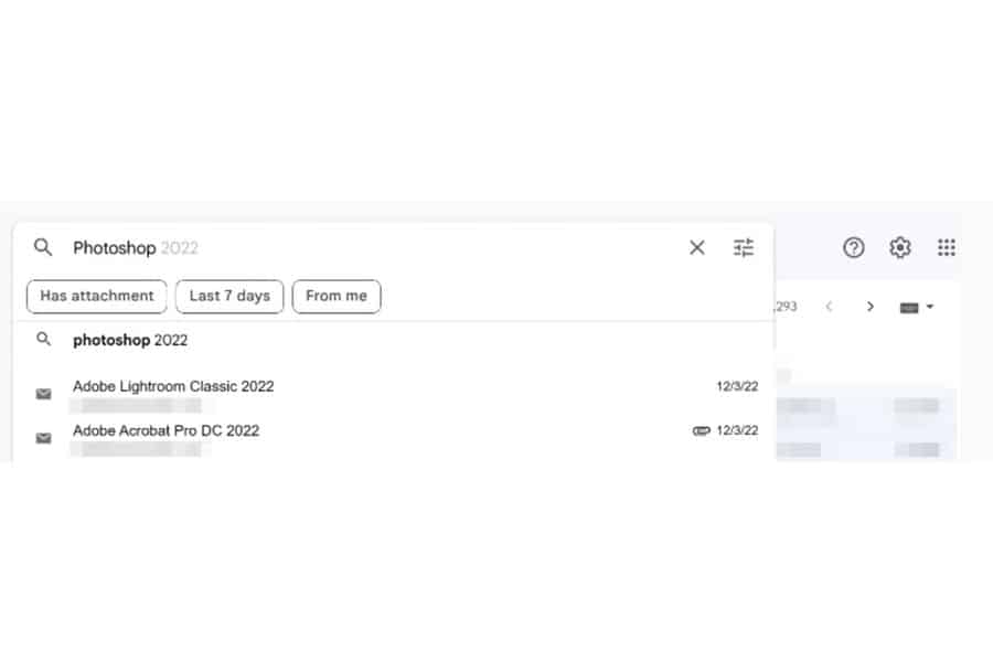 An email search query about Photoshop together with the results below it