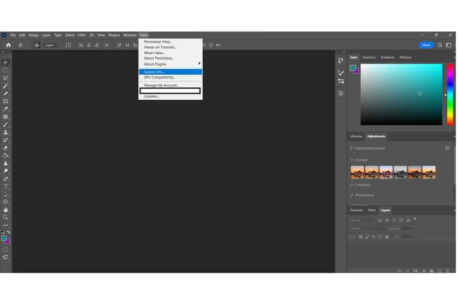 Black Photoshop window previewing the "Help" tab