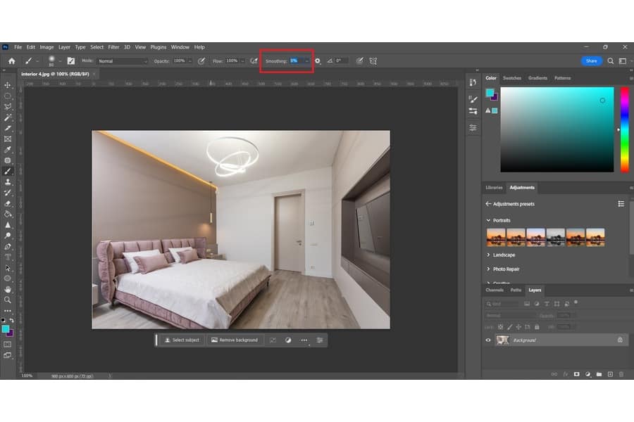 Reducing the brush smoothing settings in Photoshop while editing an image of a room
