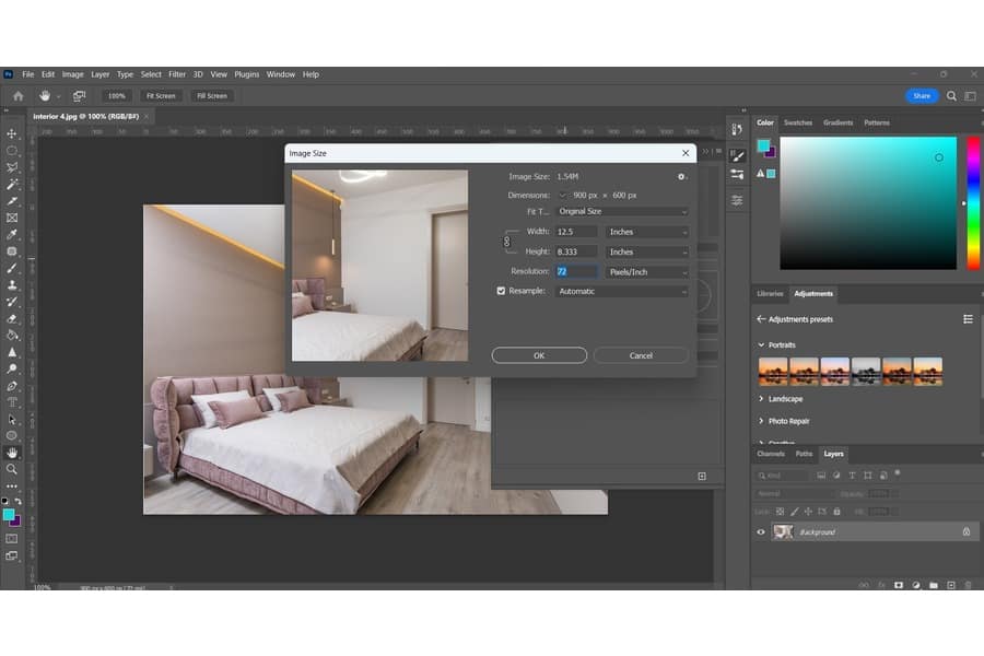 Reducing the image size of a room through Photoshop