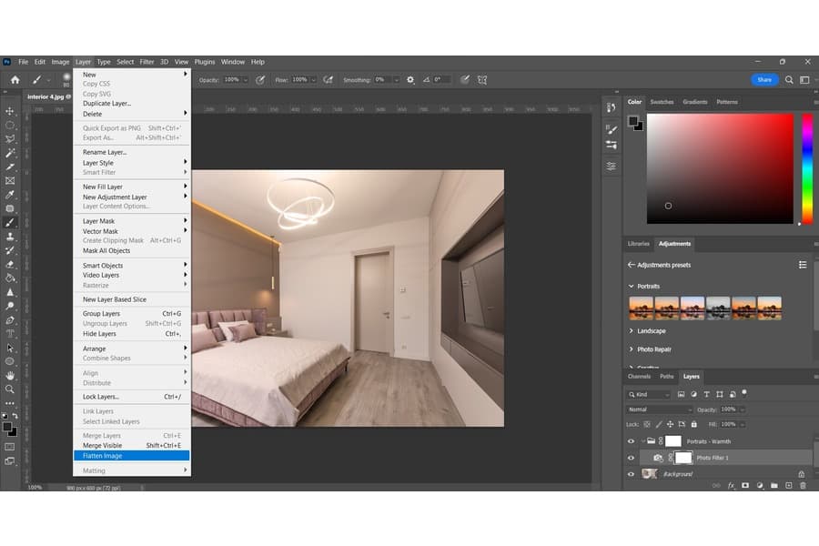 Using the Flatten Image in Photoshop for an image of a room