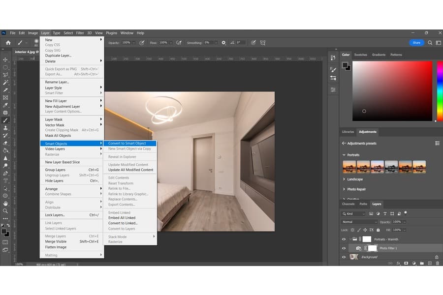 Choosing the Convert to Smart Object option in Photoshop for an image of a room