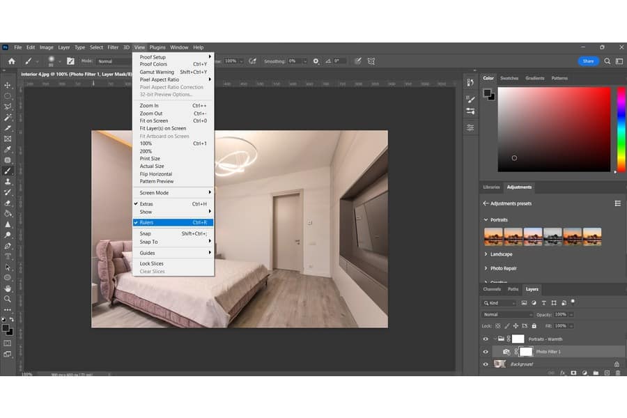 Selecting the Rulers option in Photoshop while editing the image of a room