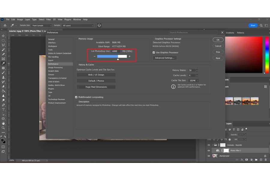 Checking the memory usage in Photoshop