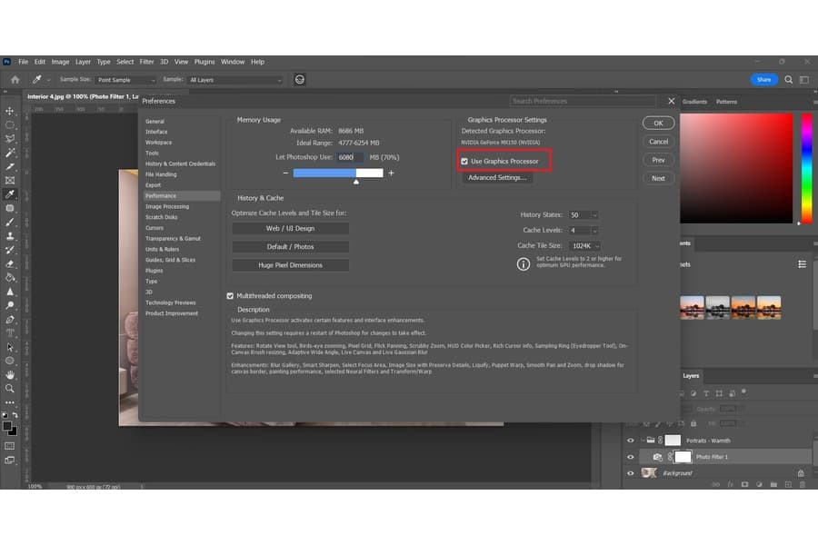 Checking the Use Graphics Processor in Photoshop
