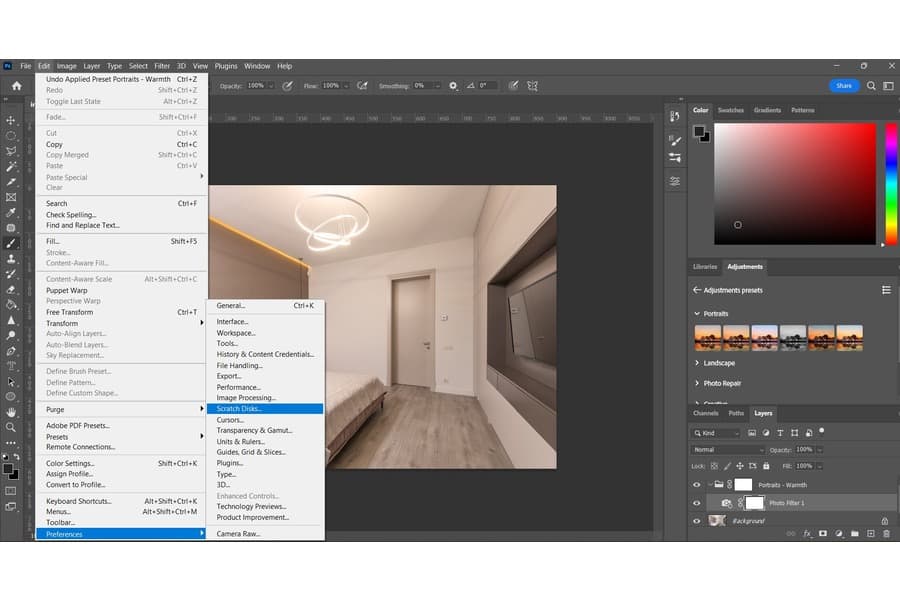 Selecting the Scratch Disk tool in Photoshop while editing an image of a room