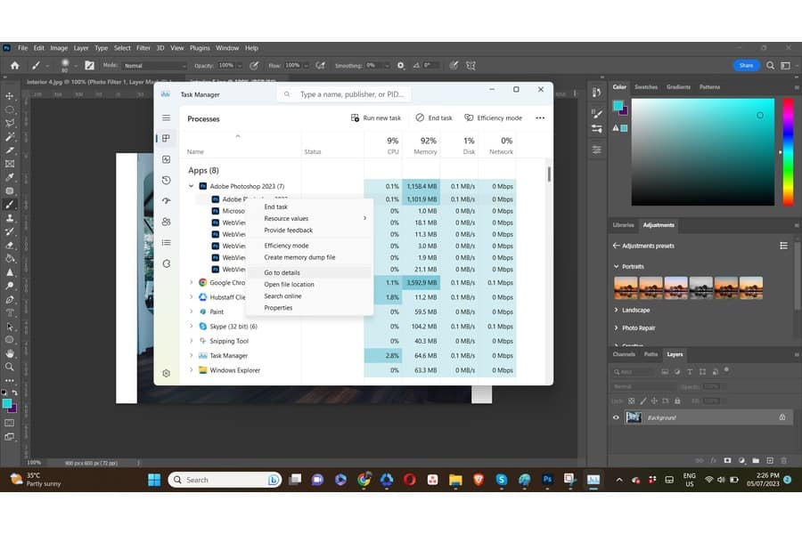 Opening the task manager in a PC