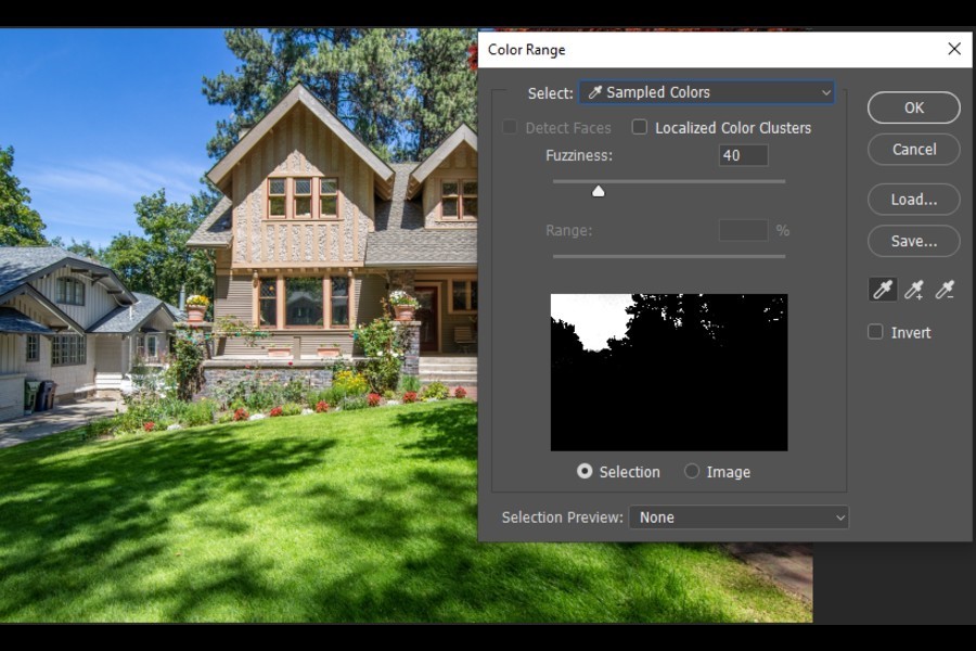 Sampling the color using the eyedropper tool of Color Range in Photoshop