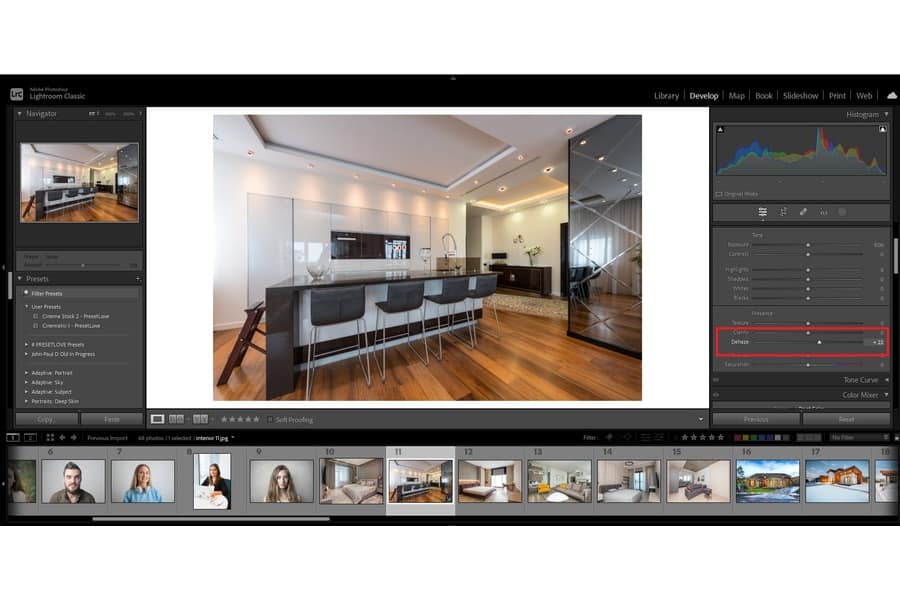 Modern kitchen being edited with a dehaze filter on Lightroom