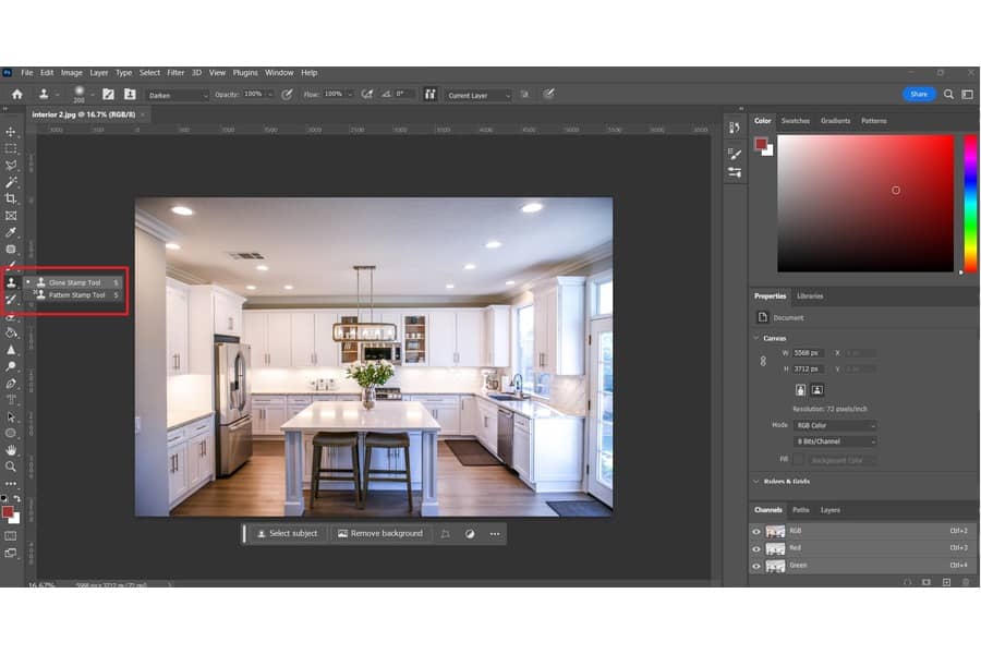 White kitchen being edited with a clone stamp tool on Photoshop
