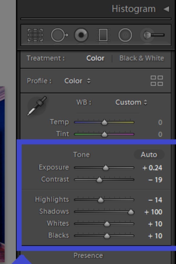 Adjusting the sliders to remove shadows in Lightroom
