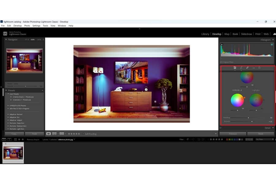 A photo of a room being edited on Lightroom