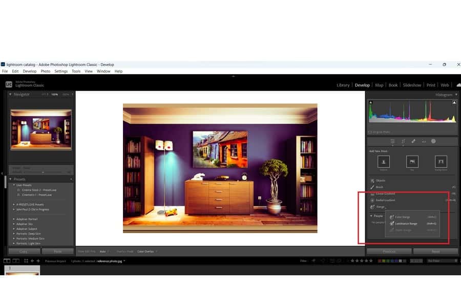 A photo of a room being edited on Lightroom software showing the luminance range