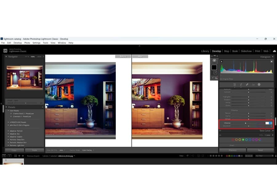 A photo of a room being edited on Lightroom software showing the vibrance options