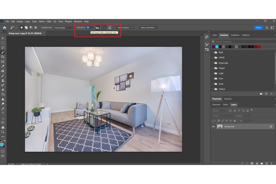 A photo of a living room on a Photoshop with the color tolerance open on top