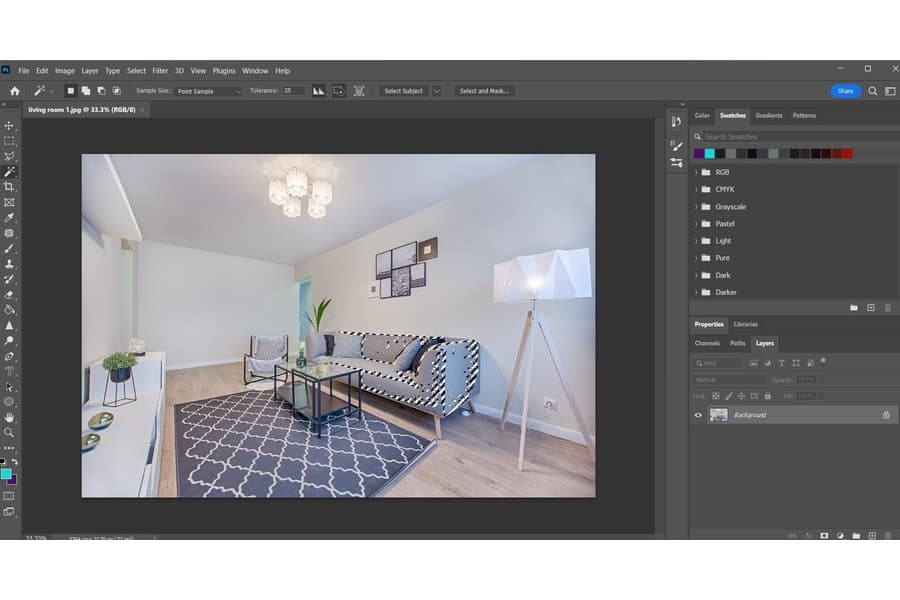 A photo of a living room on a Photoshop with the color options open on the right side