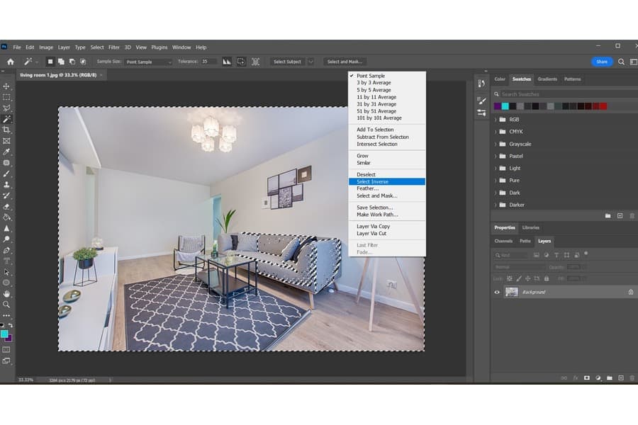 A photo of a living room on a Photoshop with the highlighted Select Inverse option