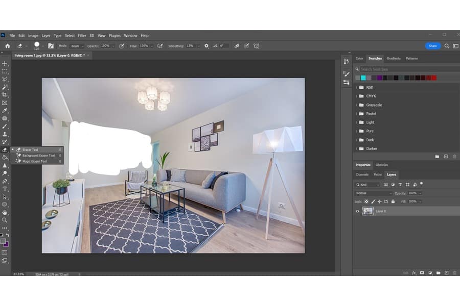 A photo of a living room on a Photoshop, editing the wall
