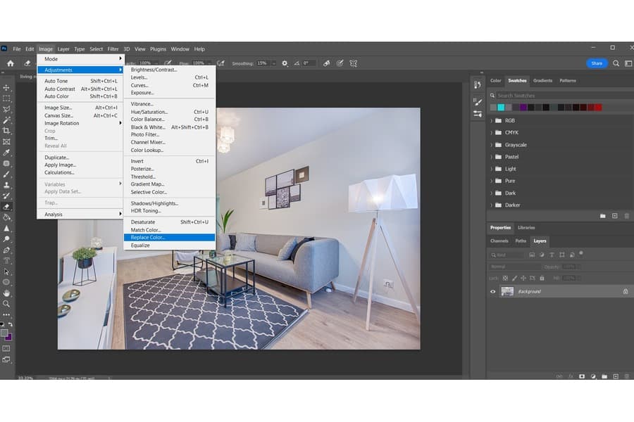 A photo of a living room on a Photoshop with the Image tab open highlighting Adjustments and the Replace Color options