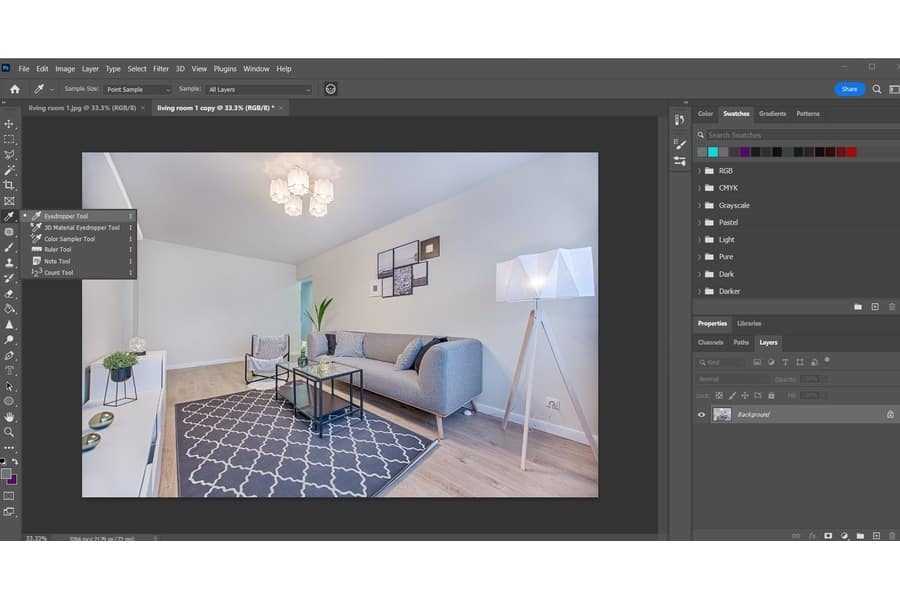 A photo of a living room on a Photoshop with the Eyedropper tool selected on the left corner
