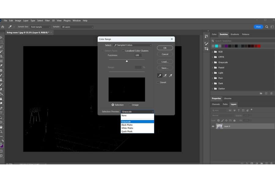 A pop up window of Color Range on Photoshop