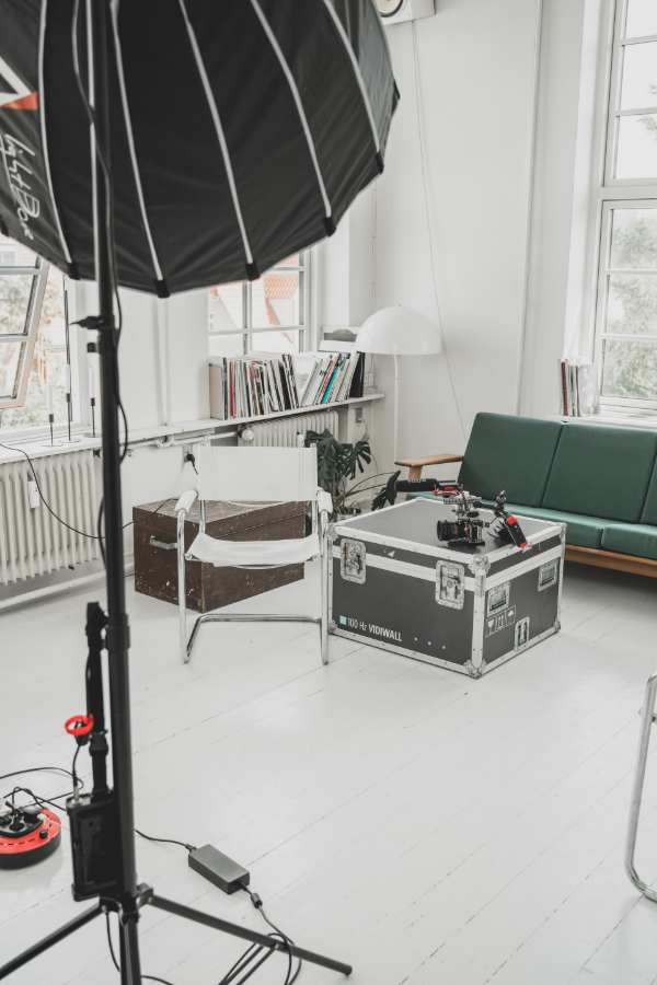 Umbrella lighting setup in living room
