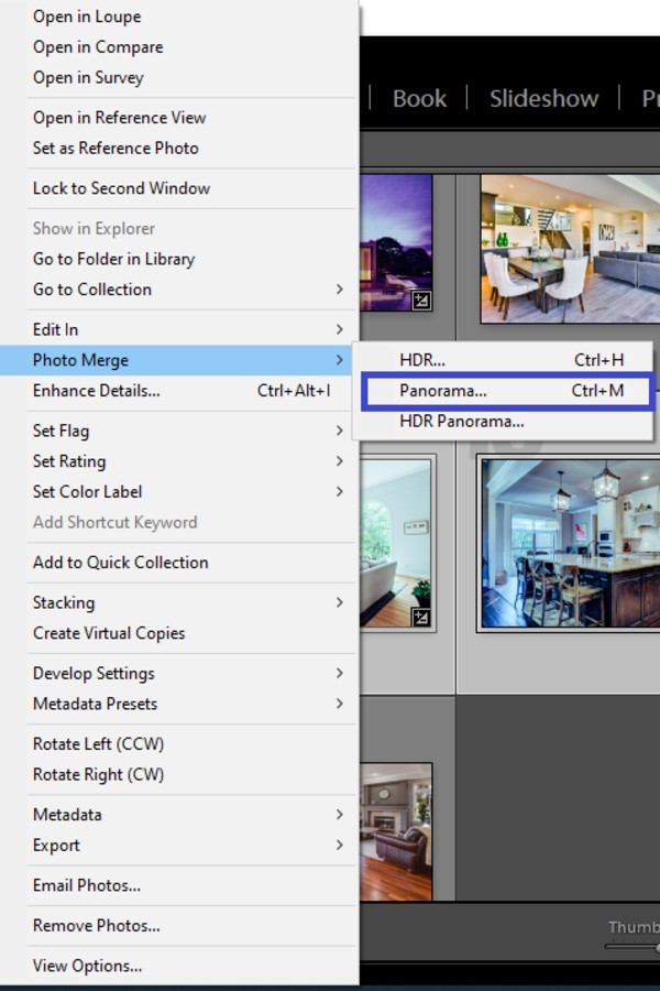 Merging photos with Panorama option in Lightroom