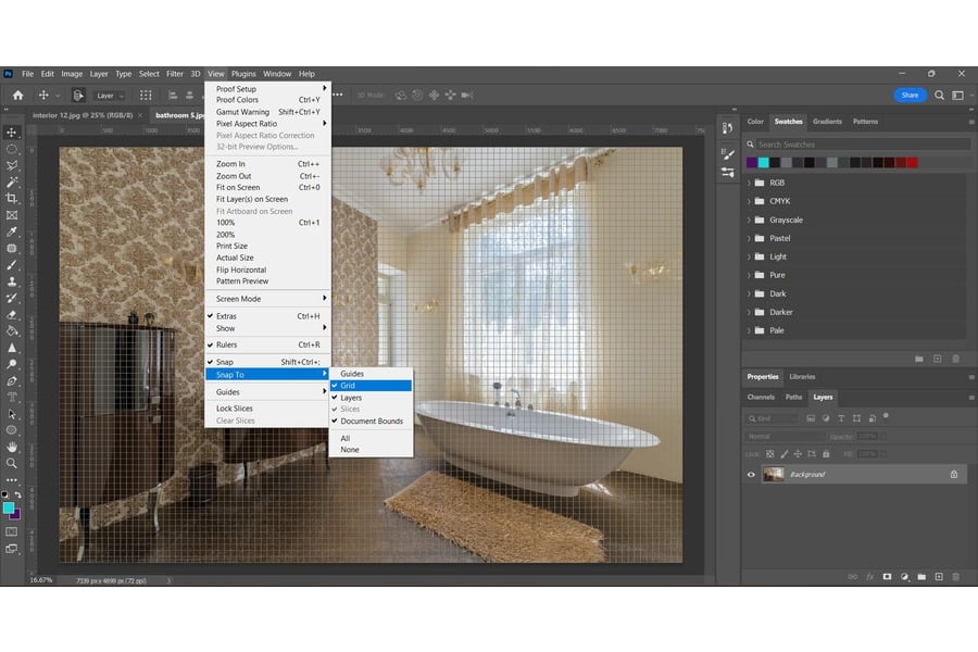 A photo in Photoshop showing the view option with the highlighted snap to function