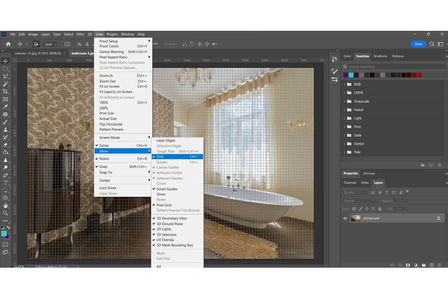 A photo in Photoshop showing the view tool and selecting the show and grid function
